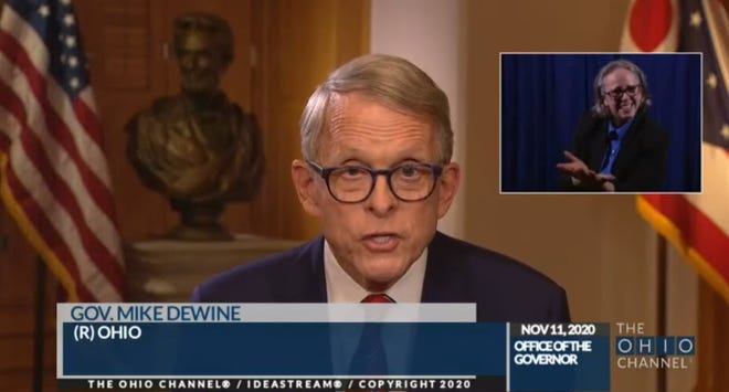 Gov. Mike DeWine announced new actions in his bid to reduce the scope of the exploding COVID-19 pandemic during a Wednesday evening address to Ohioans.
