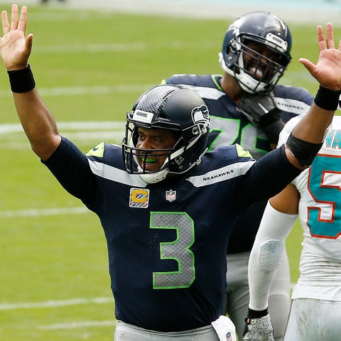 Russell Wilson of the Seattle Seahawks celebrates 