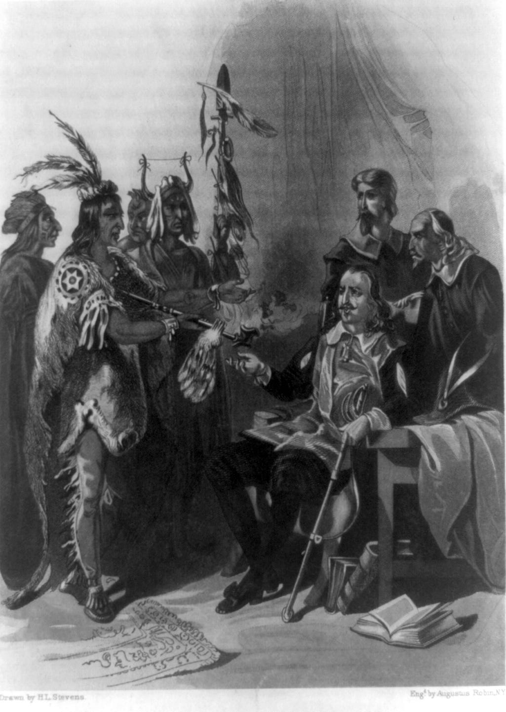 Massasoit (Great Sachem) Ousamequin meets Gov. William Bradford in this sketch.