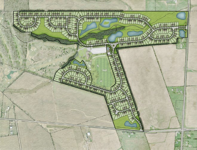 The proposed layout of M/I Homes development on former Foxfire Golf Course, with Rt. 104 on the east, or right side of this image.