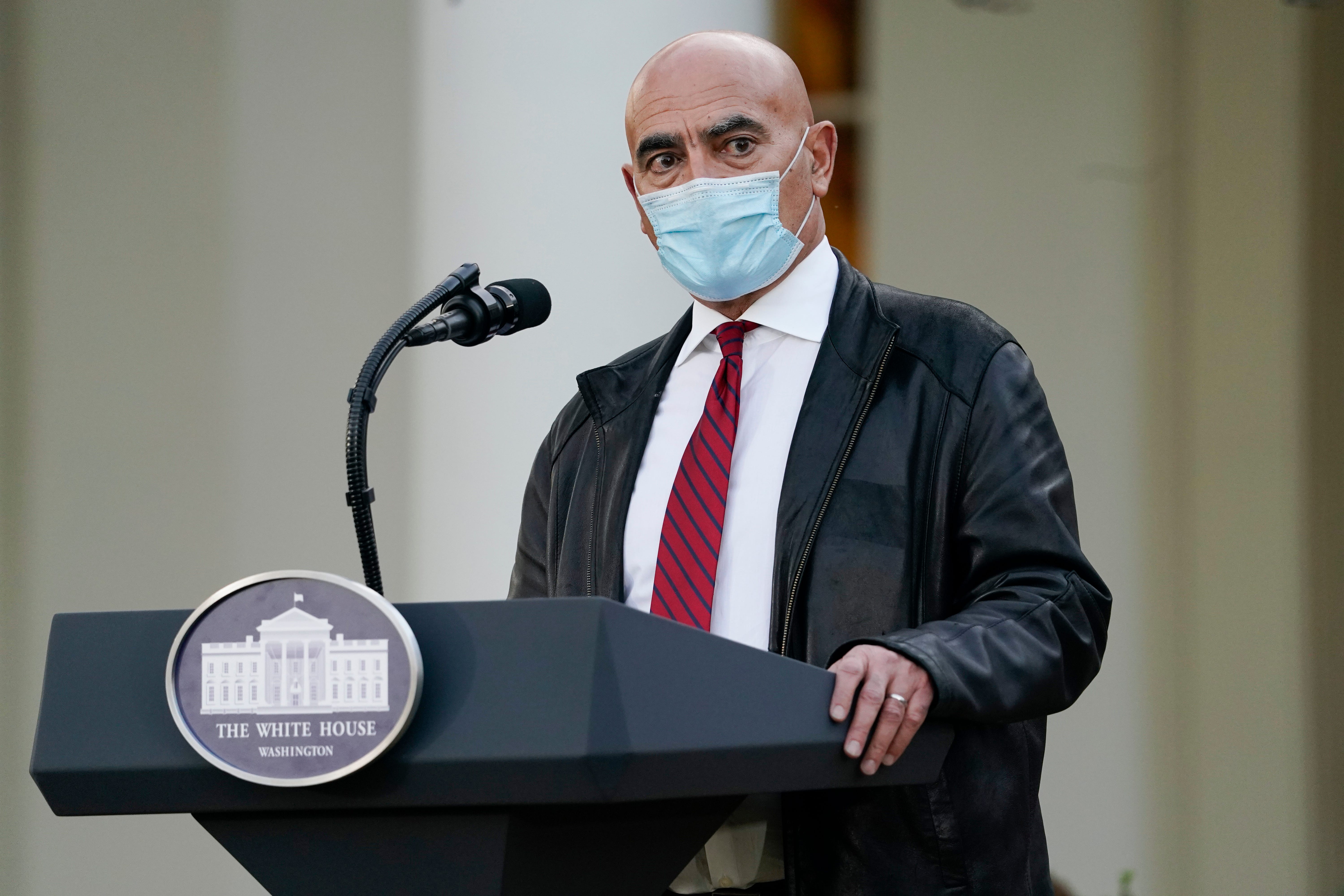 Dr. Moncef Slaoui, chief adviser to Operation Warp Speed, speaks in the Rose Garden of the White House, Friday, Nov. 13, 2020, in Washington.