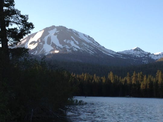 Manzanita Lake, where we camped, with Mount Lassen in the distance.