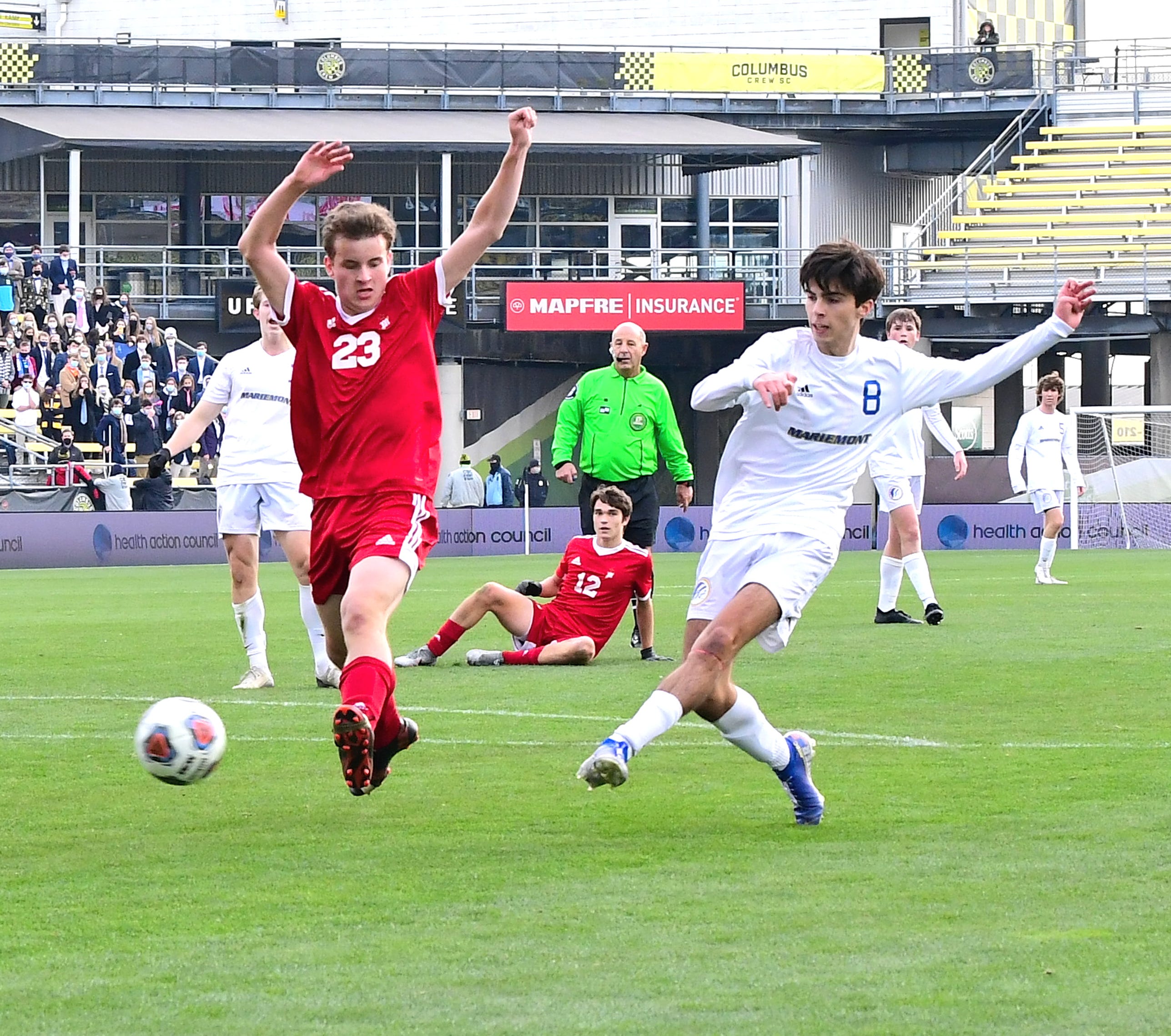 Mariemont's Jimmy Sauter (8) puts in the first goal of the day for the Warriors at the 2020 OHSAA Boys Division III State Soccer Championship, Nov. 14, 2020.