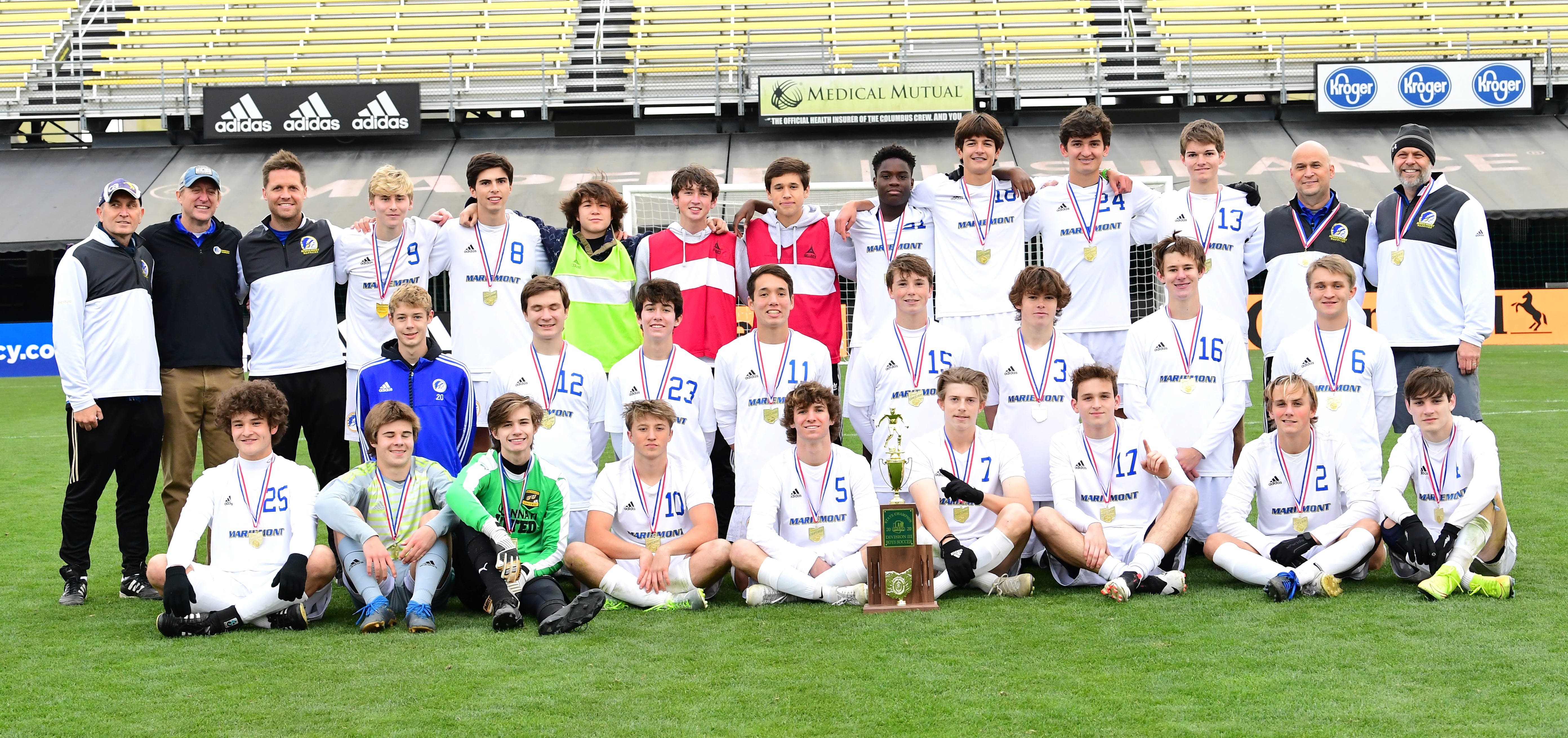 The Mariemont Warriors are the 2020 OHSAA Division III Boys State Soccer champions, Nov. 14, 2020.