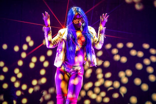 Mercedes Varnado rocks her "Legit Boss" sunglasses as WWE persona Sasha Banks.