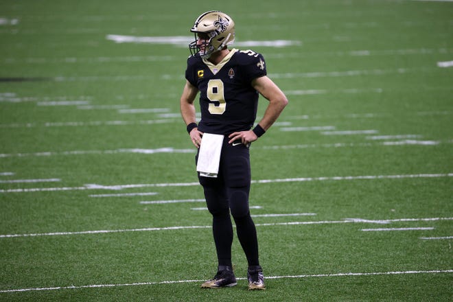 Drew Brees of the New Orleans Saints looks on during their game against the San Francisco 49ers at Mercedes-Benz Superdome on November 15, 2020 in New Orleans, Louisiana.