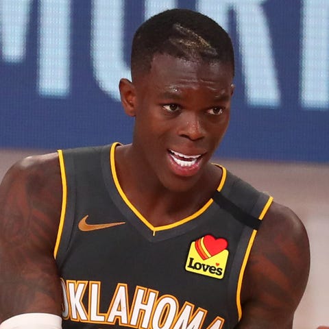 Oklahoma City Thunder guard Dennis Schroder is hea