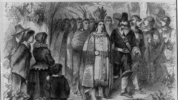 This  sketch depicts a meeting between Massasoit O