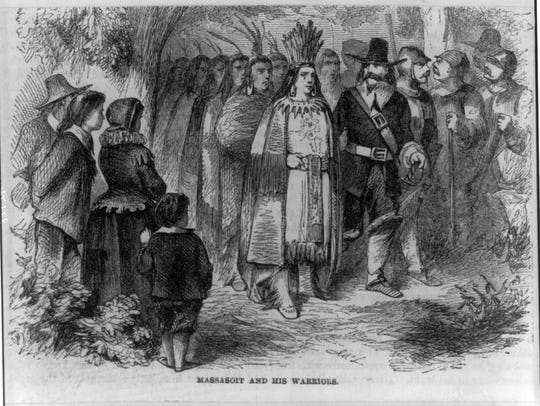 This  sketch depicts a meeting between Massasoit Ousamequin, Grand Sachem of the Wampanoag, and Pilgrim leader Gov. William Bradford. The pair negotiated an agreement that allowed the Pilgrims to settle in Patuxet, now Plymouth.