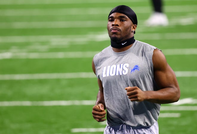 Detroit Lions cornerback Jeff Okudah warms up prior to the game against the Washington Football Team at Ford Field on Nov. 15, 2020 in Detroit.