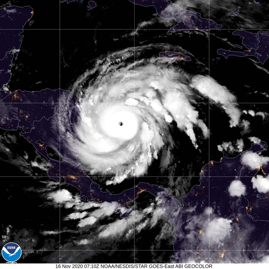 This NOAA/GOES satellite image shows Hurricane Iota on November 16, 2020 at 07:10Z as it approaches Central America.