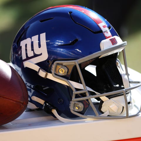 A view of the helmet of a New York Giants player.