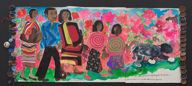 "Bo Walking First Family through the Rose Garden" by Aminah Robinson is part of “Raggin’ On: The Art of Aminah Brenda Lynn Robinson’s House and Journals” at the Columbus Museum of Art.