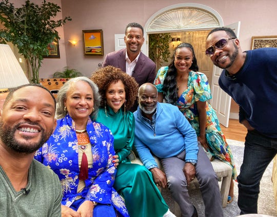Cast members of the 90s sitcom "The Fresh Prince of Bel-Air" reunited for the cameras. (From left to right) Will Smith, Daphne Reid, Karyn Parsons, Alfonso Ribeiro, Joseph Marcell, Tatyana Ali and DJ Jazzy Jeff.