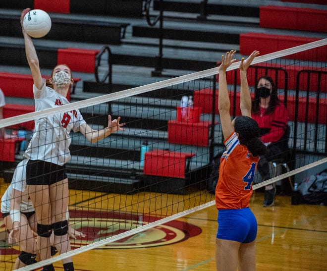 Wheatmore's Haley Greene spikes the ball against Randleman's Ceci Carter during the first PAC-7 volleyball match of the 2020 season at Wheatmore High school in Trinity on Tuesday.