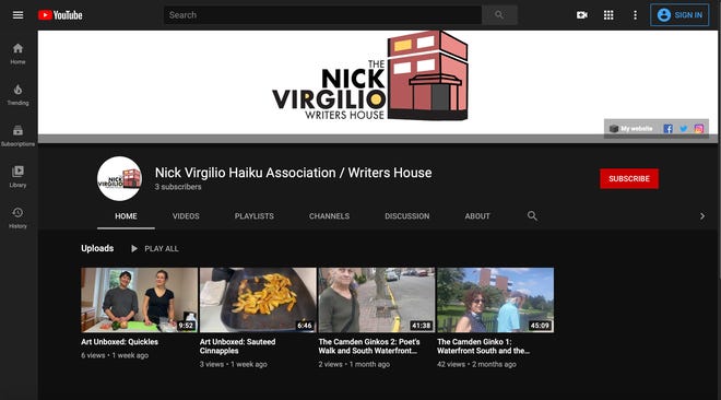 A screen shot shows the Nick Virgilio Writers House YouTube channel, which includes mindfulness walks and simple cooking demonstrations.