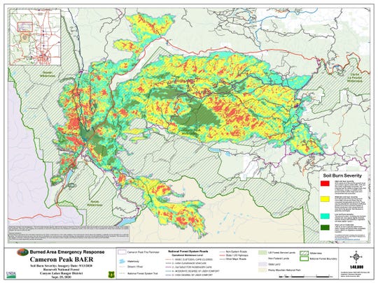 In this Cameron Peak Fire burn severity map, red indicates a more severe burn, while green indicates least severe burn.