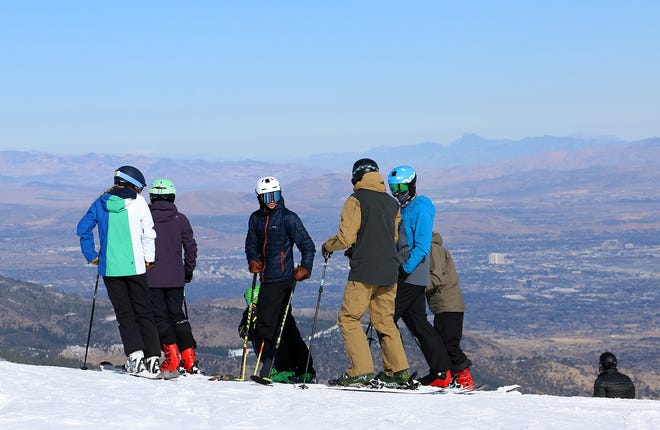 Skiers gather to begin a run off the top of the hill at Mt. Rose Ski Tahoe, which is launching a $7.5 million expansion that includes a new high-speed chairlift and trail additions to help skier traffic patterns.