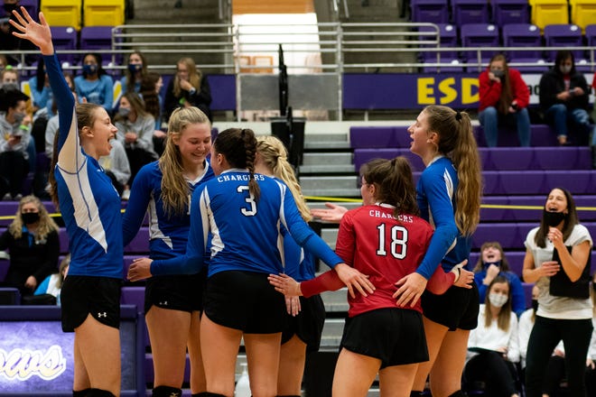 Sioux Falls Christian celebrates a point during Thursday's Class A quarterfinal against Madison.