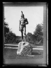 A statue of Massasoit, great Sachem of the Wampanoags, Protector and Preserver of the Pilgrims, 1621, stands in Plymouth, Mass.