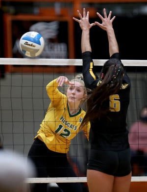 Northwestern's Sydney Schell, left, hits the ball past Colman-Egan's Olivia Baumberger, right, during Friday's match at the Class B South Dakota State Volleyball tournament in Huron.