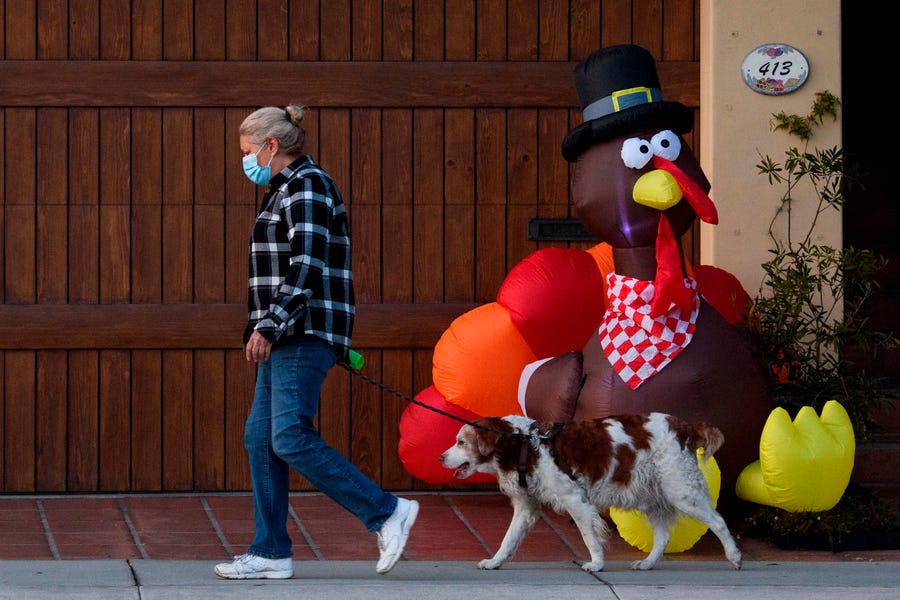 A pedestrian wearing a face mask walks their dog past an inflatable turkey ahead of the Thanksgiving holiday during increased Covid-19 restrictions in Manhattan Beach, California, November 21, 2020.