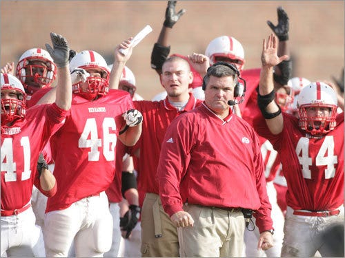 Melrose longtime football coach Tim Morris is shown with Brian Lynch (41), Joe Nunley (46) and Tim Morris, Jr. (44) during the 2007 season, and now 15 years later he is ready to begin another year along the sidelines. Practice begins next Friday, Aug. 19.