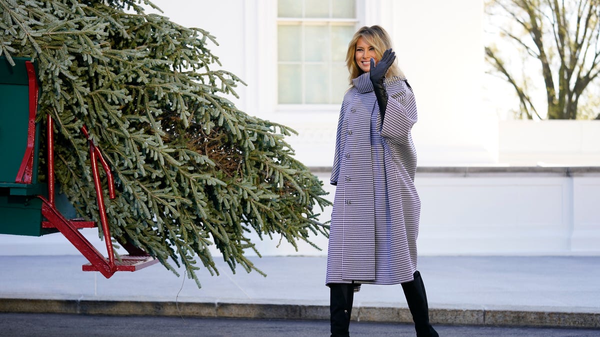 First lady Melania Trump waves as she stands next to the 2020 Official White House Christmas tree as it is presented on the North Portico of the White House,  Nov. 23, 2020, in Washington. (AP Photo/Andrew Harnik) ORG XMIT: DCAH406