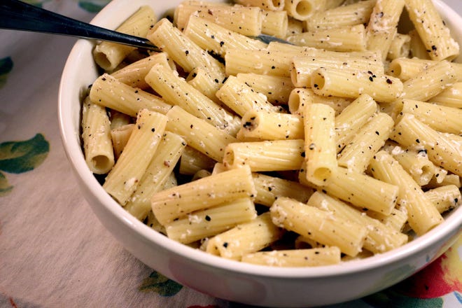 Cacio e Pepe. Made from cheese (cacio) and pepper (pepe) and very little else (olive oil), the sauce is ridiculously fast and easy to make.