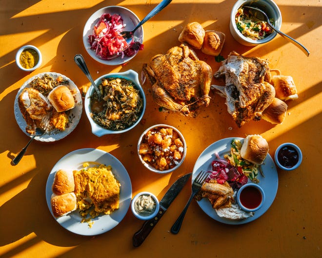 A spread of food from Nani's Rotisserie Chicken.