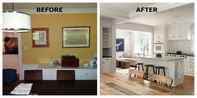 Before, left, the dining room was closed off from the kitchen. Gallagher Remodeling replaced the wall between the kitchen and formal dining room with a support beam. Today, the dining area is open to the kitchen and used daily.