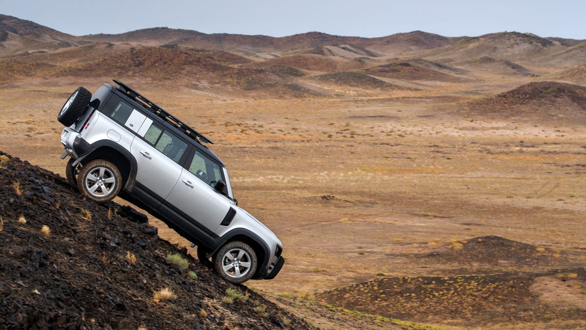 The 2020 Land Rover Defender -- four-door 110 model shown -- can climb a 45 degree slope.