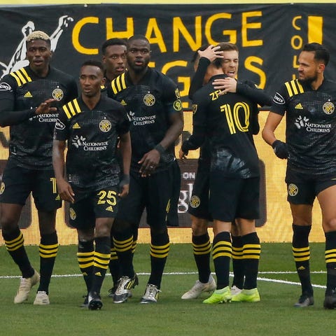 Columbus Crew SC players celebrate a goal by forwa