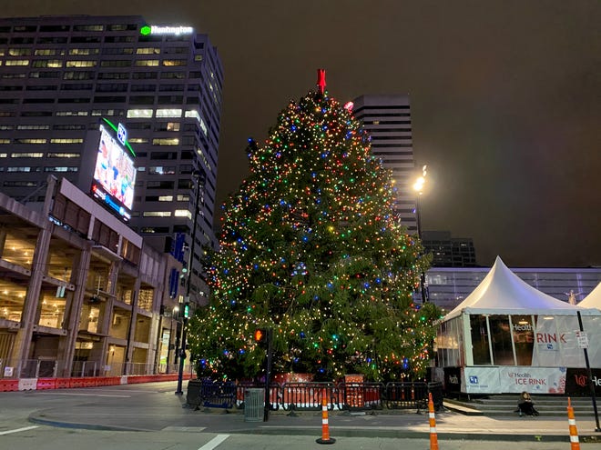 Christmas Tree on Fountain Square Thanksgiving night, November 26, 2020. 