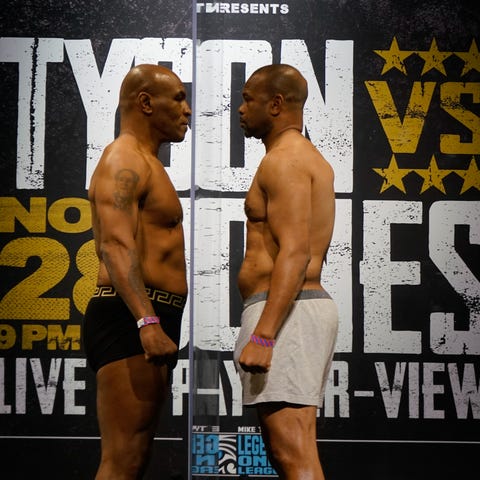 Mike Tyson and Roy Jones Jr. at Friday's weigh-in.