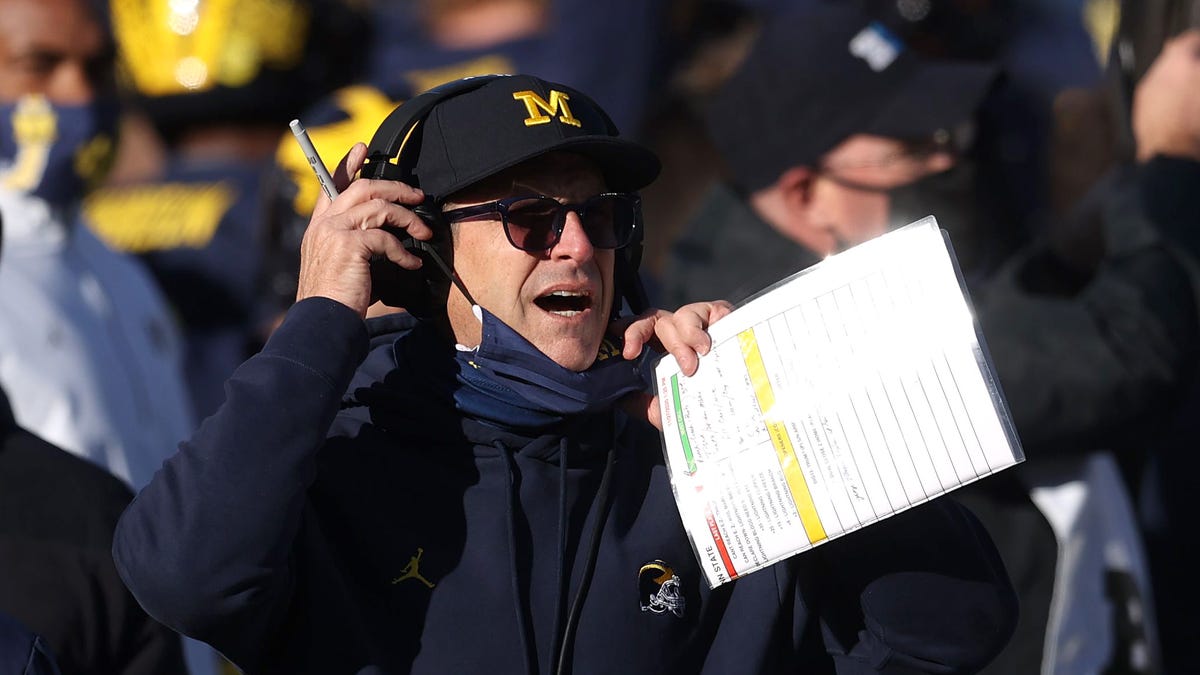 Michigan Wolverines coach Jim Harbaugh reacts in the second half vs. Penn State at Michigan Stadium on Nov. 28, 2020 in Ann Arbor.