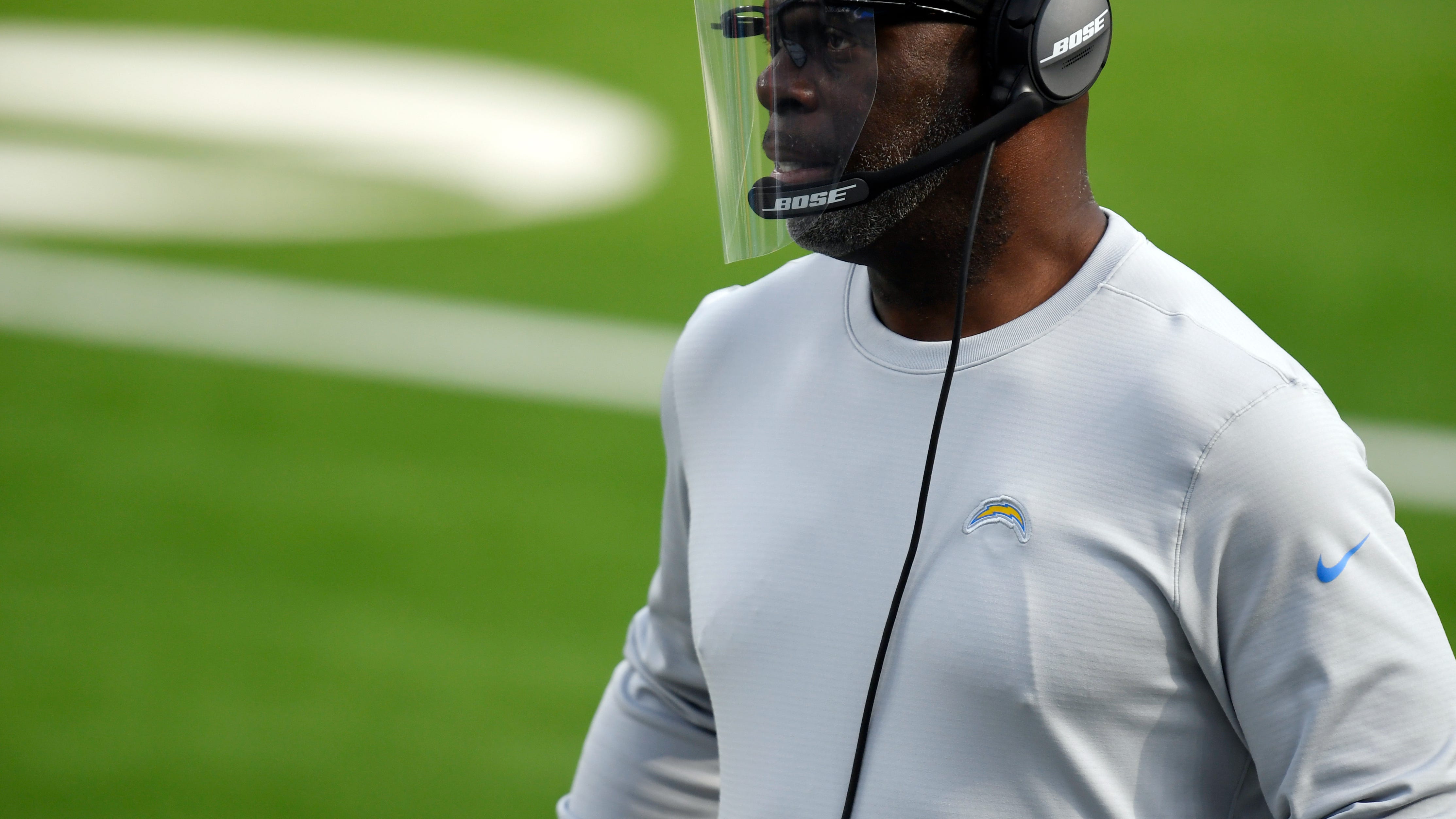 Los Angeles Chargers head coach Anthony Lynn looks on from the sideline during the first half of an NFL football game against the New York Jets Sunday, Nov. 22, 2020, in Inglewood, Calif. (AP Photo/Kyusung Gong)