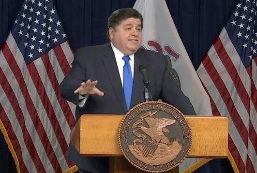 Illinois Gov. J.B. Pritzker addresses the state in a COVID-19 briefing on Monday, in a screen grab off the livestream broadcast by the state.