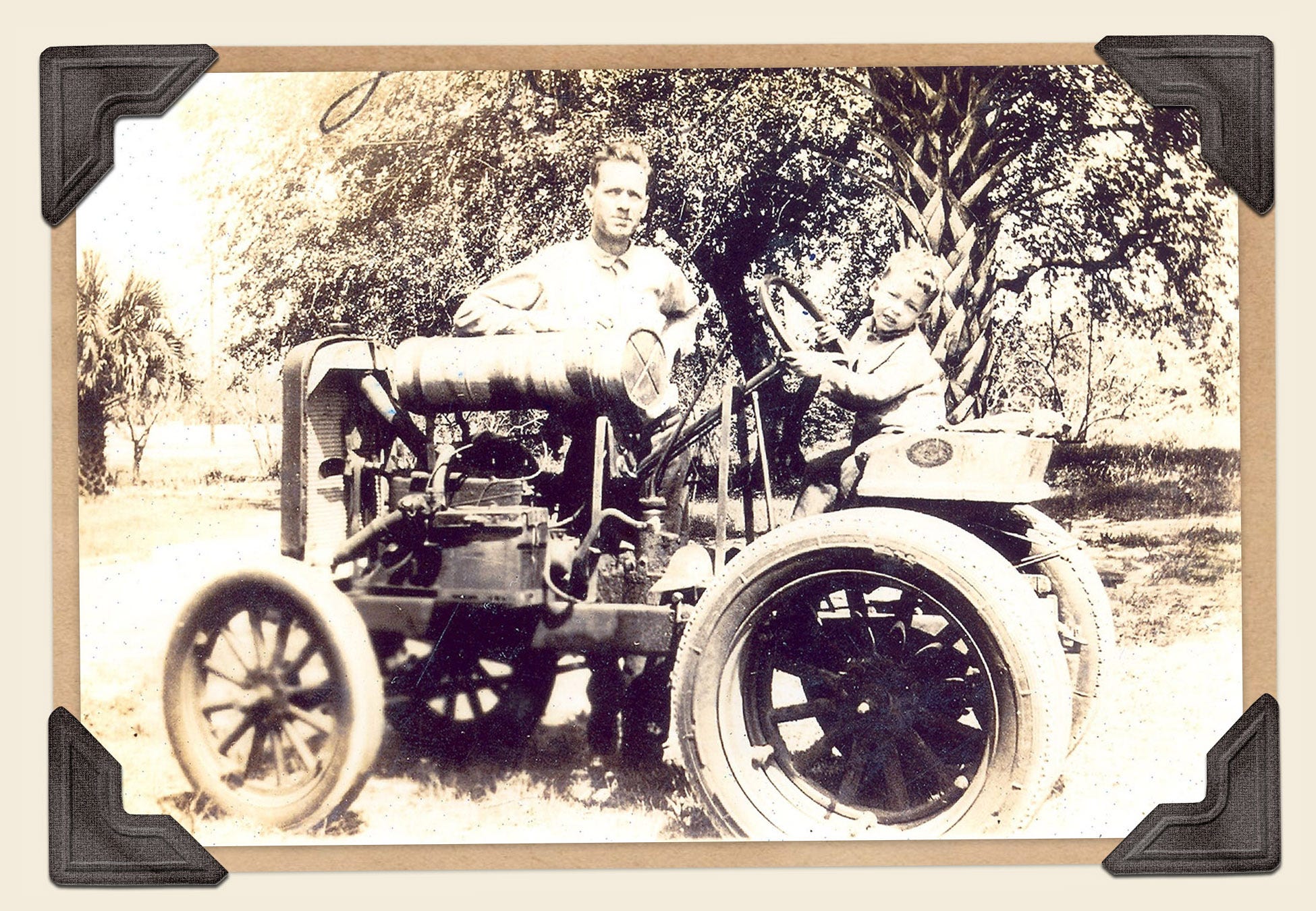 Arthur Dunn, who moved to Florida from Georgia and became a prominent businessman and county commissioner in Brevard County, is pictured with his son, Lewis Taylor Dunn, who sits on a handmade tractor.