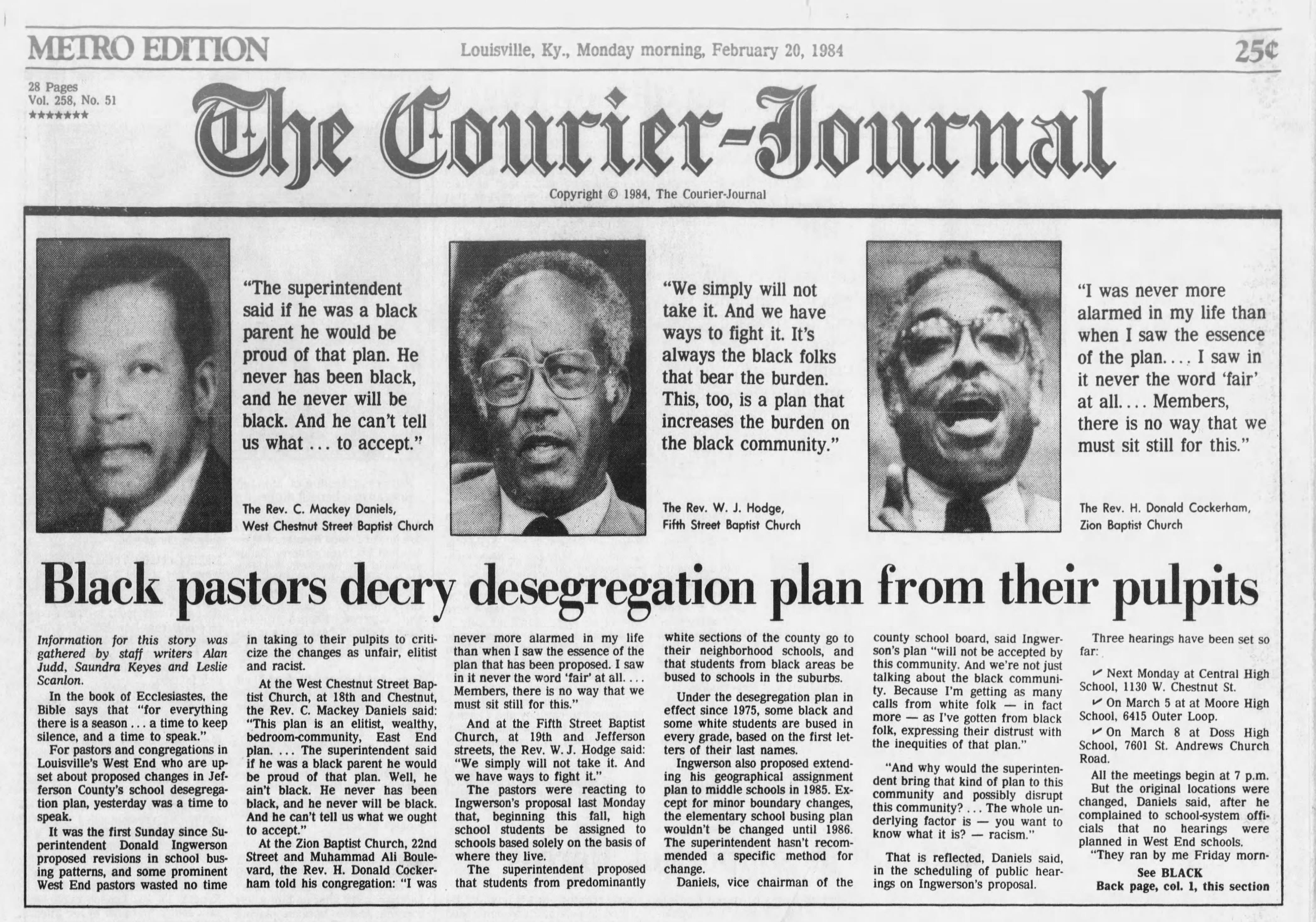 The front page of The Courier Journal on Feb. 20, 1984.