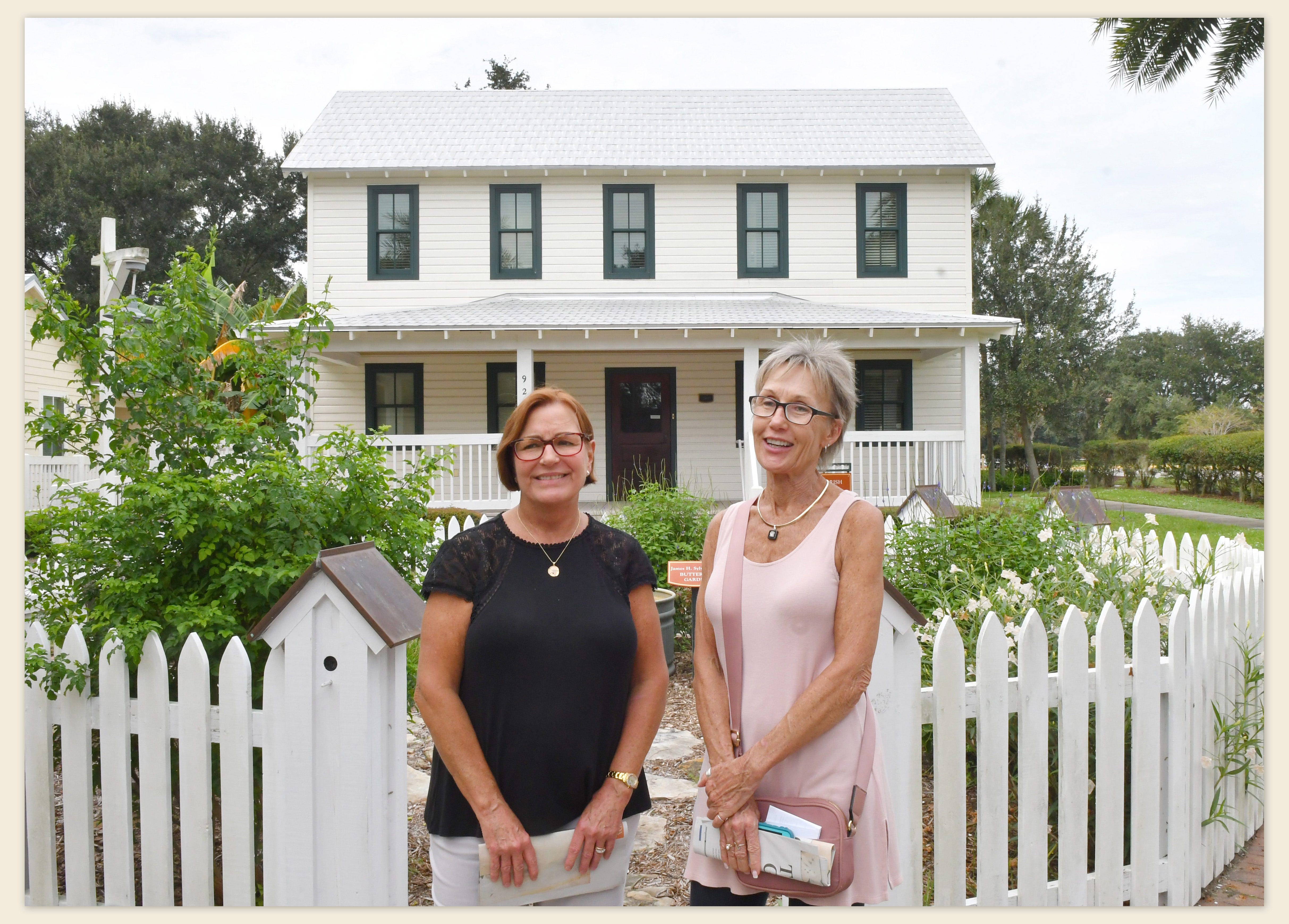 Granddaughters of Hazel Dunn. Jean Fuller is the daughter of Hazel's daughter Elaine, and Donna Rice is the daughter of Hazel's son, Howard. They are standing in front of the Dunn home which was originally along U.S. 1 near S.R. 46, in Mims, and was moved to an area on the south side of Parrish Medical Center several years ago.