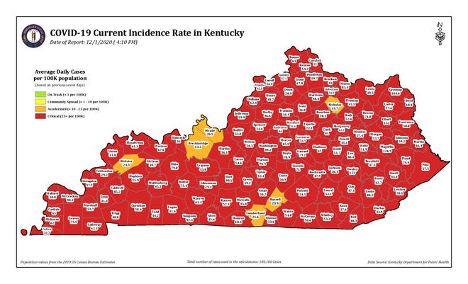 The Covid-19 current incidence rate map for Kentucky as of Tuesday, Dec. 1.