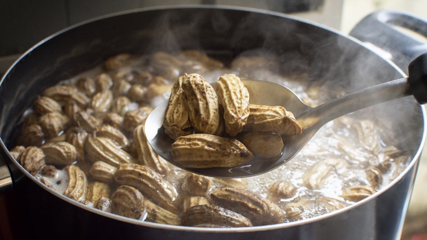 Peanuts, which came to America with the slaves, are a staple of soul food dishes: Peanut Stew with Chicken and Sweet Potato, boiled peanuts, Peanut Butter biscuits.