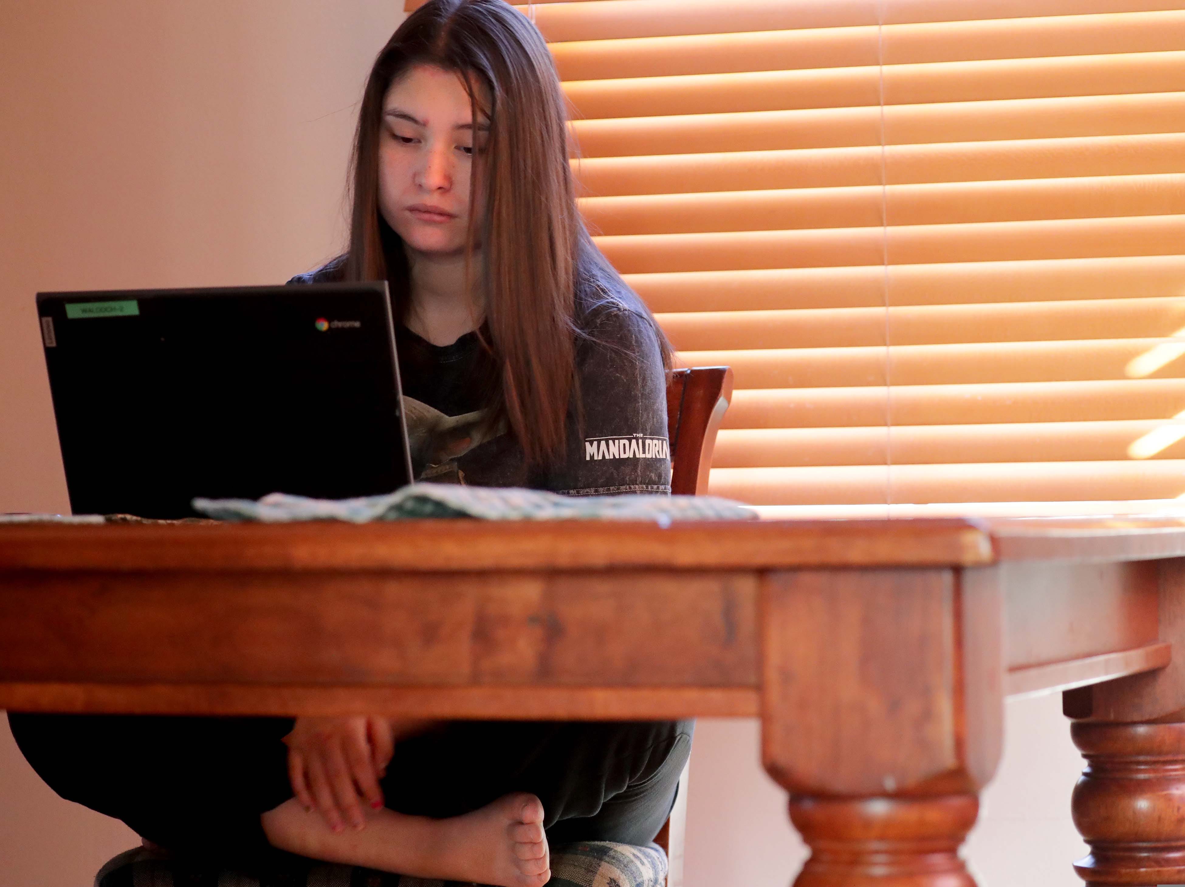 Ruby Rodriguez has live, virtual classes from about 9 until noon most days, but she has to set a structure for herself after that to study. She sometimes misses turning in assignments.