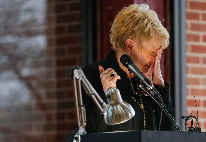 Judy Thompson, a 1961 graduate of Drury University and longtime employee, gets choked up while speaking after it was announced that the new education conference center will be named after her during a ceremony at Drury on Thursday, Dec. 3, 2020.