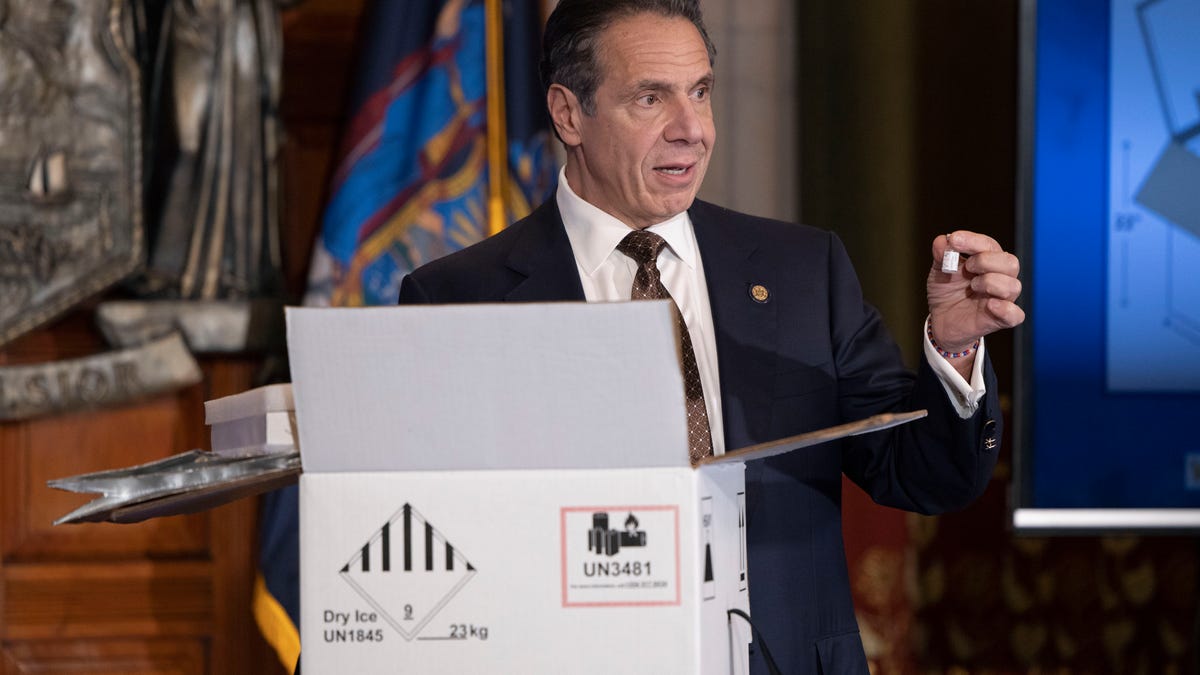 Gov. Andrew Cuomo demonstrated how COVID vaccines will be shipped to New York later this morning during a briefing at the state Capitol on Dec. 3, 2020.