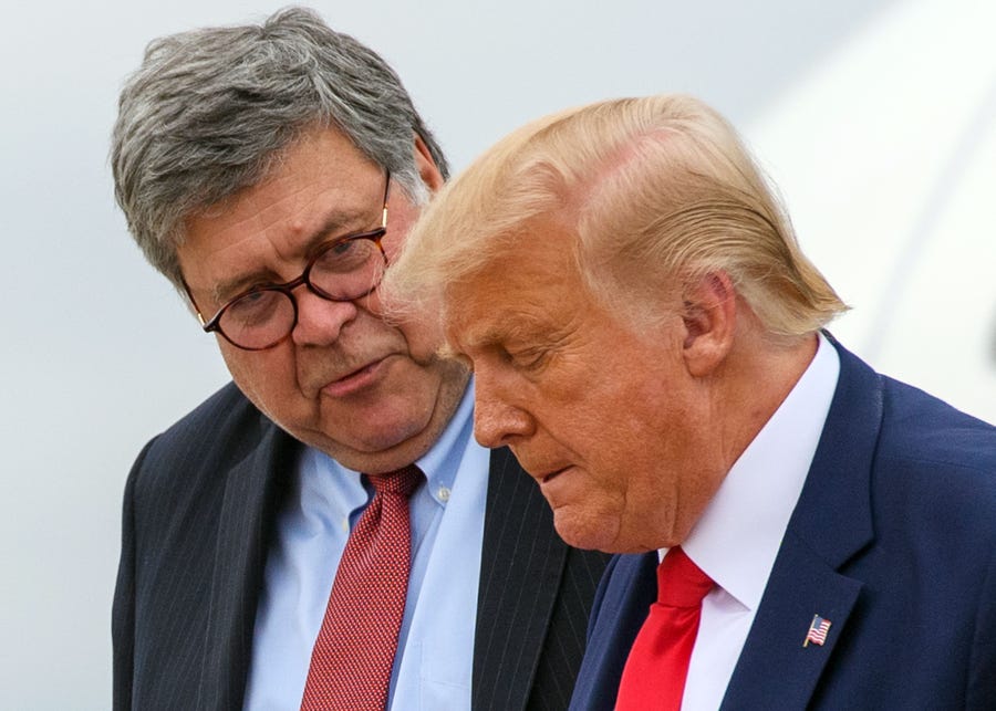 President Donald Trump and Attorney General William Barr on Sept. 1, 2020, in Maryland.