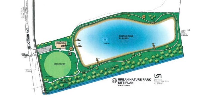 An early sketch of Muncie's planned park near Tillotson Avenue and Memorial Drive, provided by city officials in 2020.
