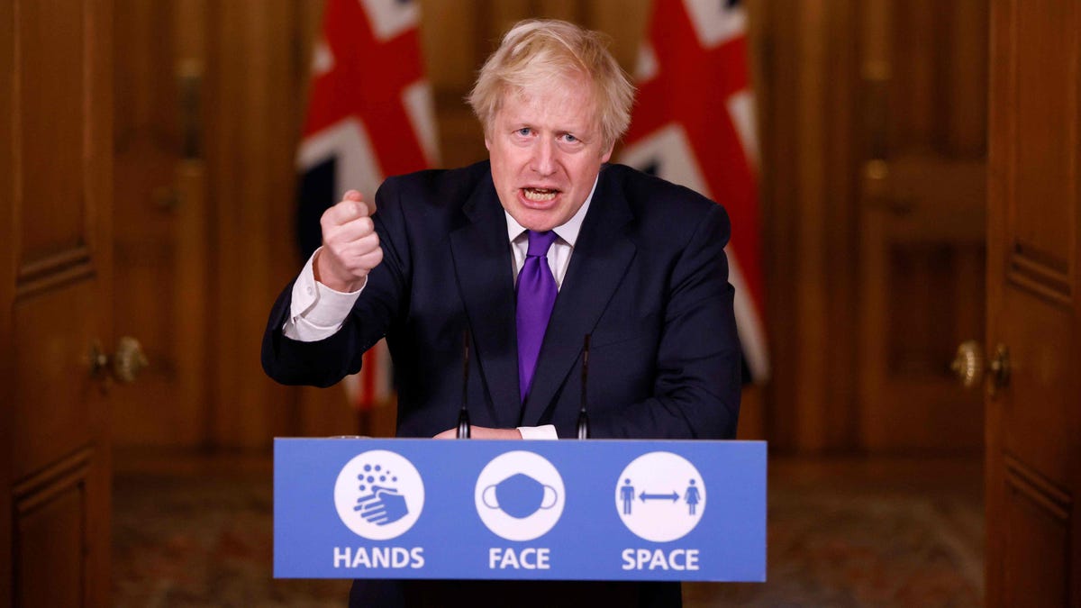 Britain's Prime Minister Boris Johnson speaks during a virtual press conference inside 10 Downing Street in central London on Dec. 2, 2020.