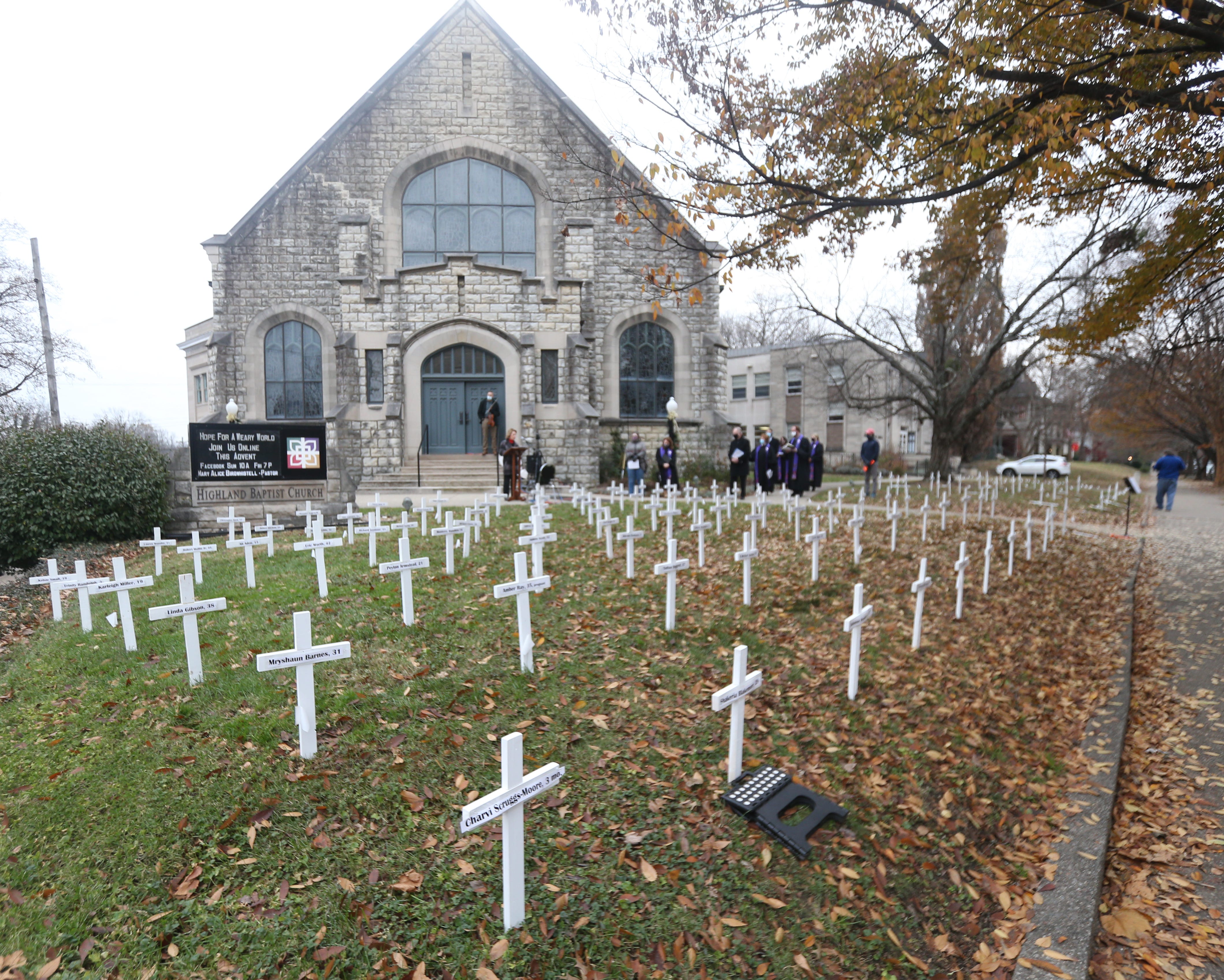 The Highland Baptist Church holds its annual tradition of placing a cross for each homicide victim in Louisville on Dec. 6, 2020.